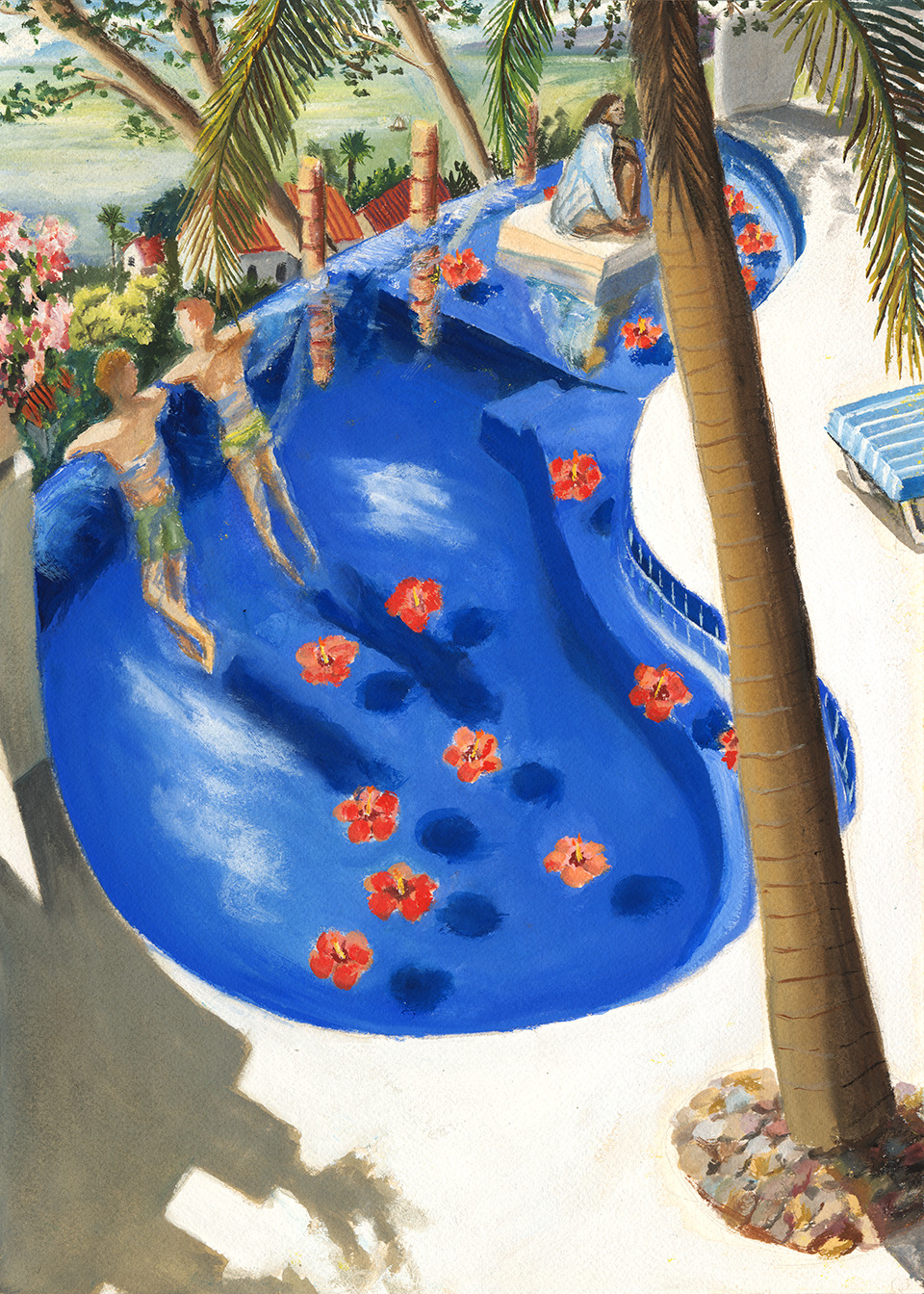 Original Painting: Puerto Vallarta Pool With Boys and Flowers by Daniel Samakow
